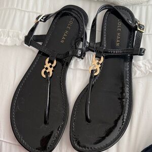 Cole Haan Leather Patent Black Sandals with Gold Accent